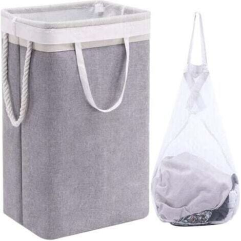 Grand Panier à Linge 60 x 41 x 31 cm , Sac à Linge Pliable avec Poignées en Corde Poubelle de Rangement Adaptée à la Chambre à Coucher la Buanderie Salle de Bain Beige+Gris