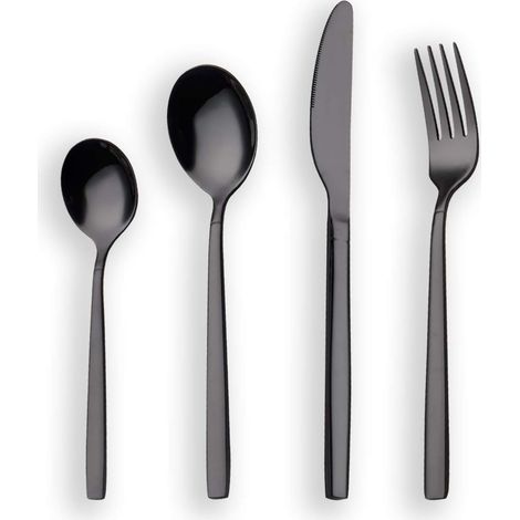 Ensemble Couverts 24 Pièces - Acier Inoxydable - Plaqué Titane Noir - 6 Personnes - Lave-vaisselle