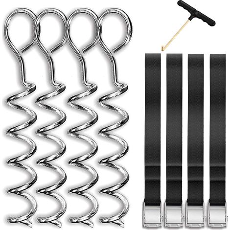 Lot de 4 piquets d'ancrage en acier galvanisé anti-rouille à visser, kit fixation au sol pour trampoline jardin, tente, balançoire, camping. Fourni avec 4 sangles noires solides et boucles de fixation (1/5)