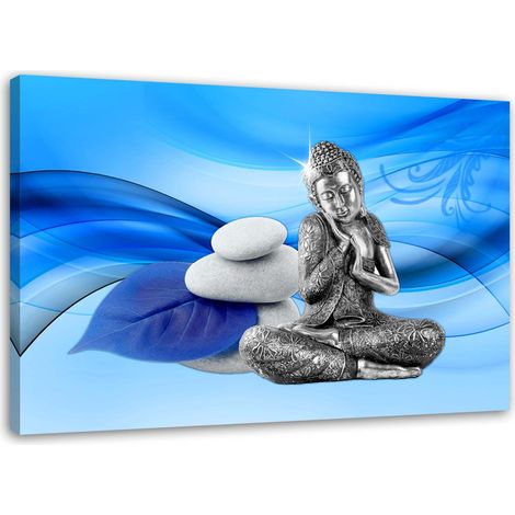 Tableau sur toile Bouddha Pierre fond bleu 60x40 (1/5)