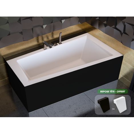 Otitec – Baignoire asymétrique 160 x 90 cm en acrylique renforcé – Tablier noir et repose-tête inclus – Propriétés antibactériennes et antidérapantes (1/4)