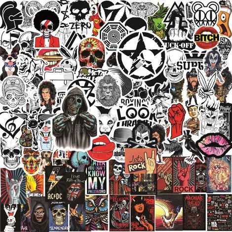Lot de 100 autocollants Rock and Roll Stickers punk classique en vinyle imperméable pour ordinateur portable, voiture, guitare, pare-chocs, bouteille (1/4)