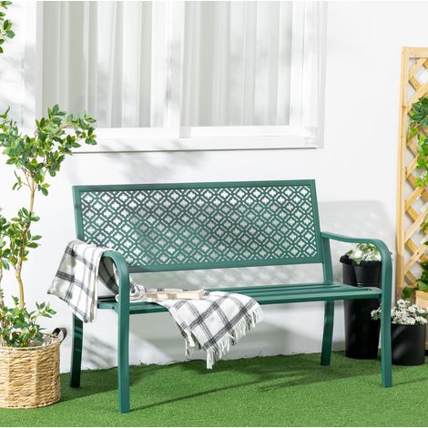 Banc de jardin 127x63x83 cm en acier vert foncé, moderne, pour terrasse et jardin FloraGrace (1/5)