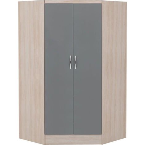 Nevada 2 Door Corner Wardrobe - L108 x W143 x H182.5 cm - Grey Gloss/Light Oak Effect Veneer (1/5)