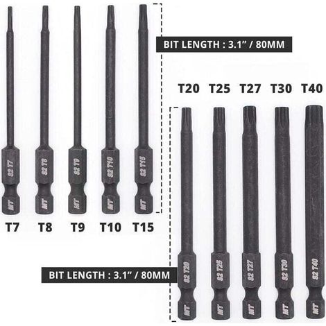 Jeu d\'embouts Torx pour tournevis, perceuses et cls chocs, rsistant la temprature, traitement thermique avanc, revtement phosphat, 8 cm, 10 pices (1/5)