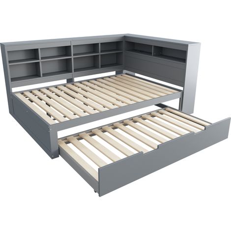 Lit multifonction gris en bois avec lit gigogne 90 x 190 cm, prises USB et rangements intégrés (1/5)