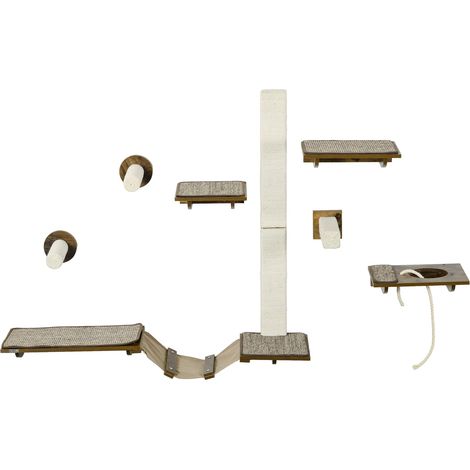 Katzen Kletterwand Set, 8-teilig Katzenmöbel mit Kratzbäumen, Sitzstangen, Kratzbrett, Katzentreppe, Sisal, Braun