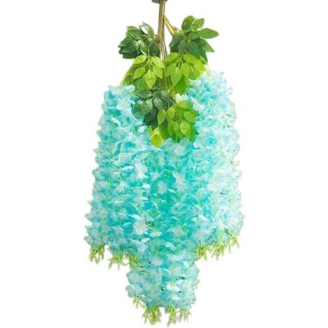 12 fleurs de glycine artificielles suspendues, en tissu de soie, pour décoration intérieure et extérieure, bleu lac (1/4)
