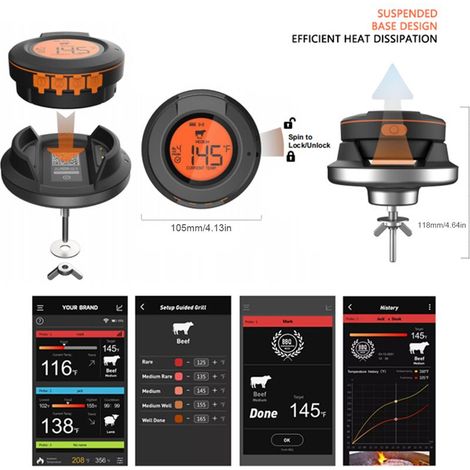 Thermomètre à viande sans fil avec 2 sondes, portée de 50 m, contrôle via application BT4.2, étanche IP64, idéal pour fumoir, four, barbecue, dinde, poisson et bœuf. (1/5)