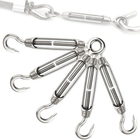 Tendeur de câble réglable M5 en acier inoxydable, lot de 5 pièces avec crochet et œil, pour corde à linge ou chaîne (1/4)