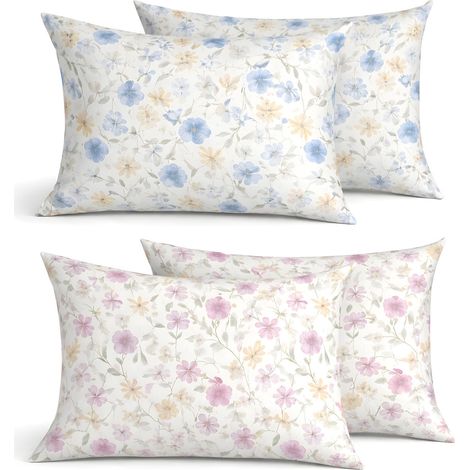 Coppia Federe Cuscino Letto Double Face 100% Cotone Disegno Primavera GI, misuraFederecoloreAzzurro