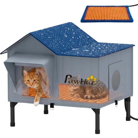 Niche chauffante pour chat d'extérieur - PawHut - imperméable base surélevée 5cm coussin chauffant 55°C - tissu Oxford - gris clair