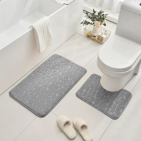 2PCS Tapis de Bain, 40 x 60 cm Tapis de Bain en Mousse à Mémoire de Forme, 40 x 50 cm Tapis de Toilette, Absorbant et Doux Lavable en Machine pour Douche, Salle de Bain (Gris Clair) (1/5)
