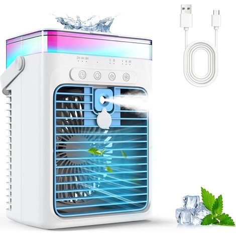 Climatiseur Portable, 3-en-1 Refroidisseur par Évaporation avec 3 Vitesses & 2 Modes Brumisation, 1000ml Mini Climatiseur, Ventilateur USB avec Lumière RGB & Minuterie pour Chambre Bureau Voiture (1/5)