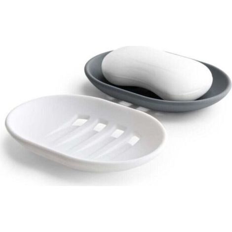 Lot de 2 Porte Savon en Silicone avec Drainage, Boite Savon Antidérapant et Portable, Porte Savon Salle de Bain, Douche, Cuisine (Gris et Blanc) (1/4)