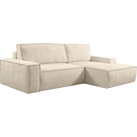 Vente-Unique – Canapé d'angle convertible 4 places en tissu bouclette beige – Angle droit – Déhoussable – Coffre de rangement – Fabrication éco-responsable (1/5)