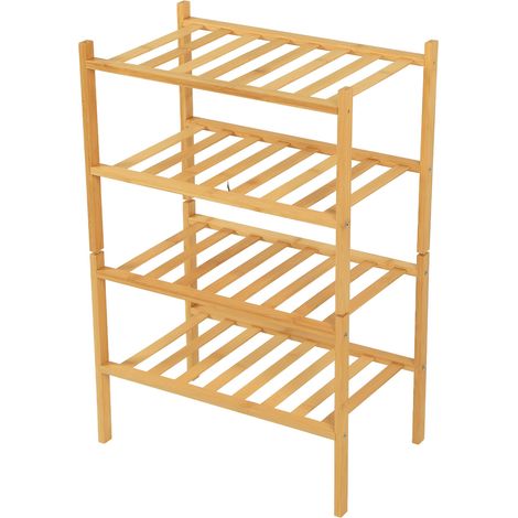 Étagère à chaussures empilable sur pied, organisateur de rangement pour entrée, couloir ou dressing, couleur naturelle, quatre niveaux (1/5)
