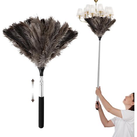 Strauß Staubwedel mit Teleskopstiel Teleskop Staubwedel Lang Ausziehbar Waschbar Anti-Statik Effektiver Staubfänger Verstellbar von 43cm bis 1m für Hohe Oberflächen Deckenventilator (1/5)