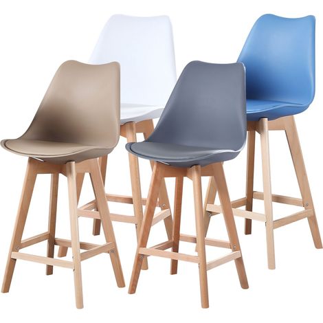 Hobag – Lot de 4 tabourets de bar scandinaves – Hauteur d'assise 65cm – Polypropylène et pieds en hêtre – Mix couleurs blanc, gris, bleu, taupe (1/3)