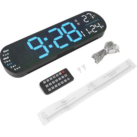 Horloge Murale LED Numérique Grande Écran Télécommande 8 Couleurs Alarme Minuterie Affichage Température Date Bleu Design Moderne (1/5)