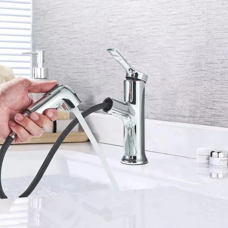 Mitigeur de lavabo avec Douchette Extractible, robinet Salle de Bains avec 2 Modes de Jet, Mitigeur Lavabo Pivotant à 120 °, Mitigeur Monocommande,Chromé (1/5)