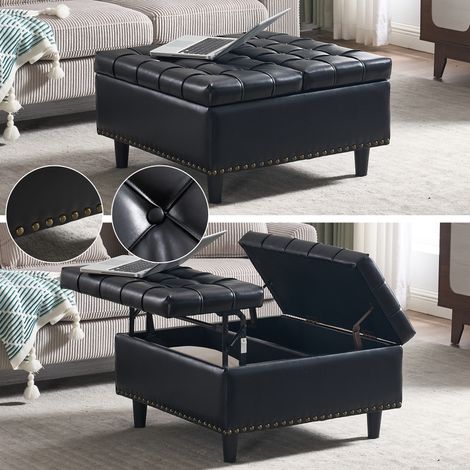 Faltbarer Pouf, quadratische Aufbewahrungsbox, 75 x 75 x 41 cm, PU-Leder, kleines Sofa für Wohnzimmer, Schlafzimmer, Möbel, Eingangsbereich, Schuhschrank, Schwarz