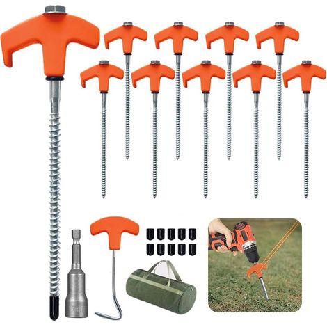 Lot de 10 Piquet De Tente a Visser, Piquets De Tente en Acier avec Filetage Et Support De Corde, Ancrages Au Sol à Visser Accessoires pour Tente, Piquet Auvent pour Le Camping pour Sol Dur et Bois (1/5)