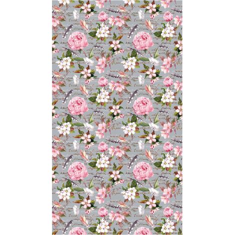 Flowers, rideau imprimé fleurs et roses sur fond d'écriture manuscrite 140x245 cm, 1 pièce (1/2)