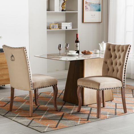 Lot de 2 Chaises de Salle à Manger en Velours Camel Clair, Anneau Décoratif, Pieds Bois Massif (1/5)