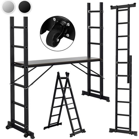 Wolketon Andamio multifuncional de aluminio de 6 peldaños, color negro, con plataforma y ruedas, 150 kg (1/5)