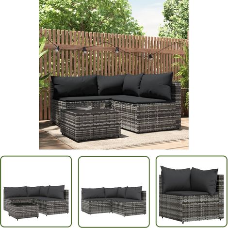 The Living Store Salon de jardin 4 pcs avec coussins Gris Résine tressée - Salon De Jardin - Mobilier Extérieur - Canapé D'angle - Set De Salon - Table Basse (1/5)