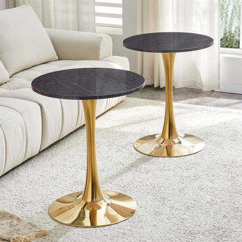 Tavolo da Pranzo Rotondo Stile Mid-Century, con Piano da 2 cm e Base Incrociata, 60×72 cm, in MDF e Metallo, Nero e Oro (1/5)