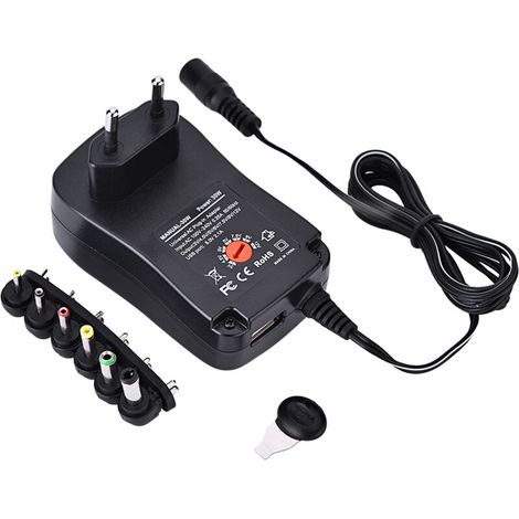 30-W-5-V-2,1-A-Universalnetzteil mit 6 Steckern und USB-Anschluss, einstellbare Spannung 3–12 V für Schnellladung (EU)