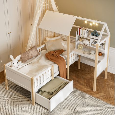 MEUBLIV Cama casita 90x200 cm blanca con escritorio y almacenaje, madera, sin colchón (1/5)