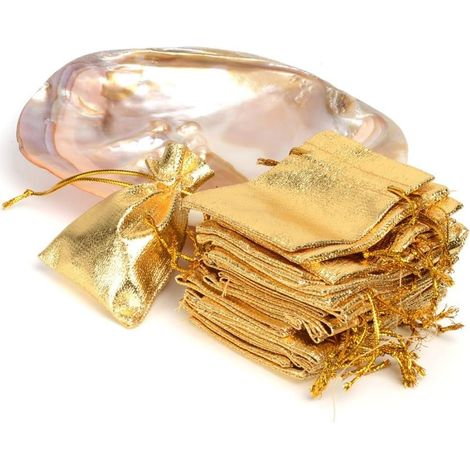 Lot de 50 pochettes transparentes en organza doré et argenté avec cordon de serrage pour bijoux, bonbons, fête de mariage, décoration de Noël, 3 tailles disponibles (7 x 9 cm, doré) (1/5)