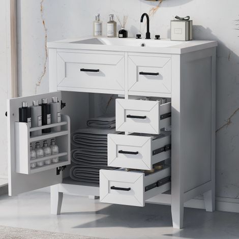 Juego de tocador de 30 pulgadas con lavabo, mueble de baño blanco con cajones, estructura de madera maciza y MDF (1/5)