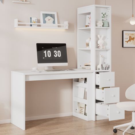 Scrivania con libreria, 3 cassetti e armadio laterale, tavolo porta computer in stile minimalista moderno per home office e camera - Bianco (1/5)