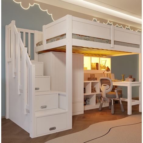 Cama alta dormitorio con escritorio y armario OKMYHOME (1/5)