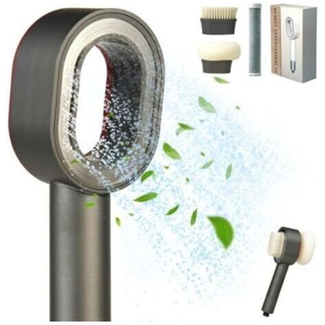 NALOOKAMIC Pommeau de douche avec filtre, douchette 3 en 1 avec brosses/éponge de nettoyage, massage, haute pression, ensemble de douche à économie d'eau pour eau dure (gris)