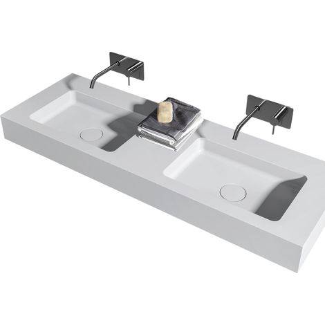 BERNSTEIN - Lavabo di design doppio sospeso in ghisa minerale con scarico - 133x45x12cm - BA8013 - Blanc mat, Con console	Bianco opaco, Telaio base 133S pensile
