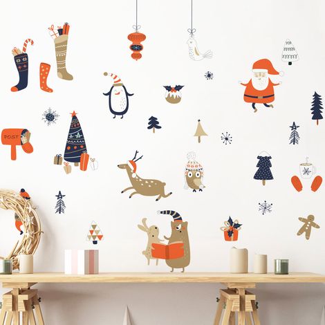 Stickers Noël père noël et ses animaux - Autocollants stickers adhésifs noël - décoration fêtes - 40x40cm (1/5)