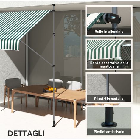 Store solaire ajustable 1,2x2 m avec manivelle et supports réglables, aluminium, métal et polyester, blanc et vert (1/5)