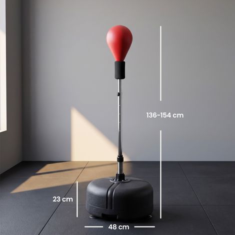 Ballon de boxe réglable en hauteur (avec gants de boxe), en acier, cuir artificiel et PE, 48 cm de diamètre x 136-154 cm de hauteur, noir et rouge. (1/5)