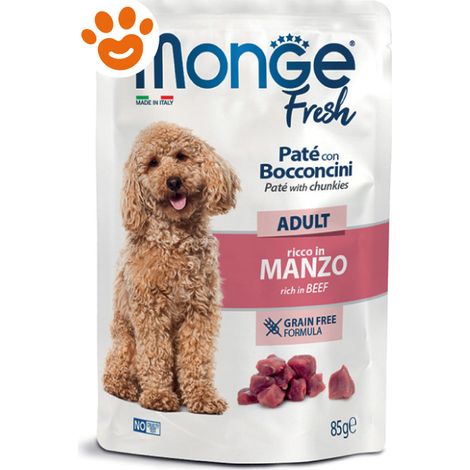 Monge Fresh Dog Adult Paté con Bocconcini ricco in Manzo - Bustina 85 Gr - Cibo Umido Cani