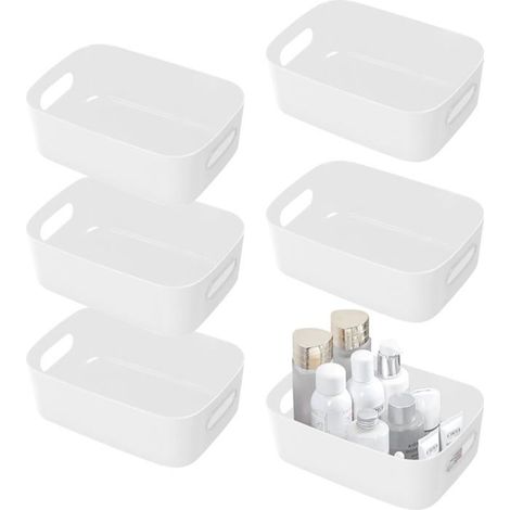 Lot de 6 Boîtes de Rangement en Plastique Blanc, Boite Rangement avec Poignées, Paniers et Boîtes de Rangement Salle de Bain, bac de (1/4)