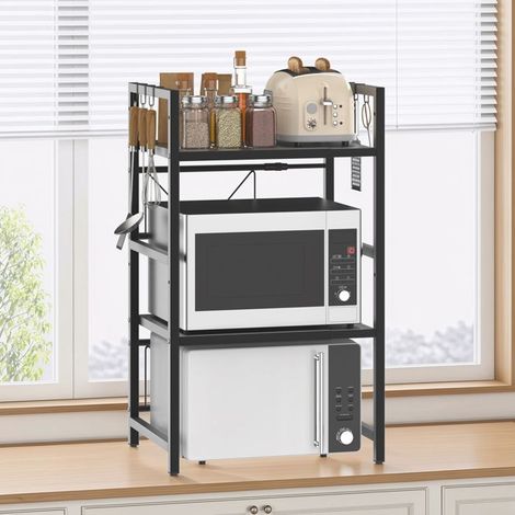 Three-layer microwave oven rack with 6 hooks, adjustable size microwave oven stand - black