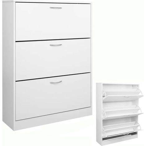 Meuble à chaussures 3 portes, blanc, 3 abattants, gain de place pour entrée 110 x 80 x 23,5 cm (1/5)