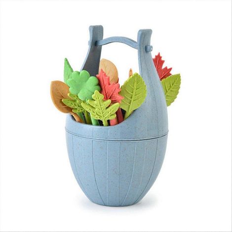 Fourchette à fruits en paille de blé avec pot de rangement et mini cure-dents, bleue (1/5)