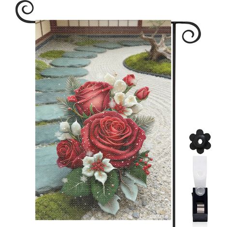 Drapeau vertical hiver enchanté et roses rouges 30 x 45 cm décoration saisonnière extérieure (1/4)