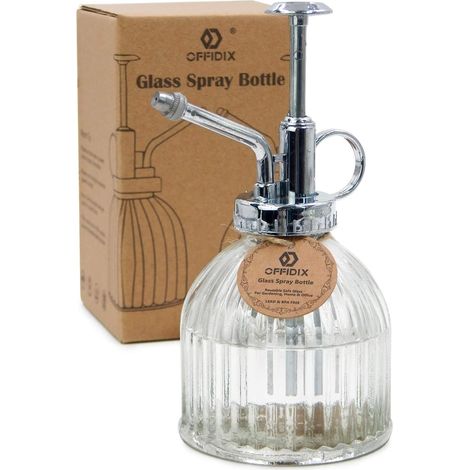 Bouteille de pulvérisation d'arrosage en Verre Transparent, 6,5 Pouces de Hauteur Spritzer Style Vintage avec Pompe en Plastique Bronze Top Arrosoir Une Main (1/5)
